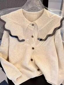 Apricot Loose Soft Vintage Style Unique Collar Design Knit Sweater, Suitable For Spring, Autumn, Winter - Apricot - View 5