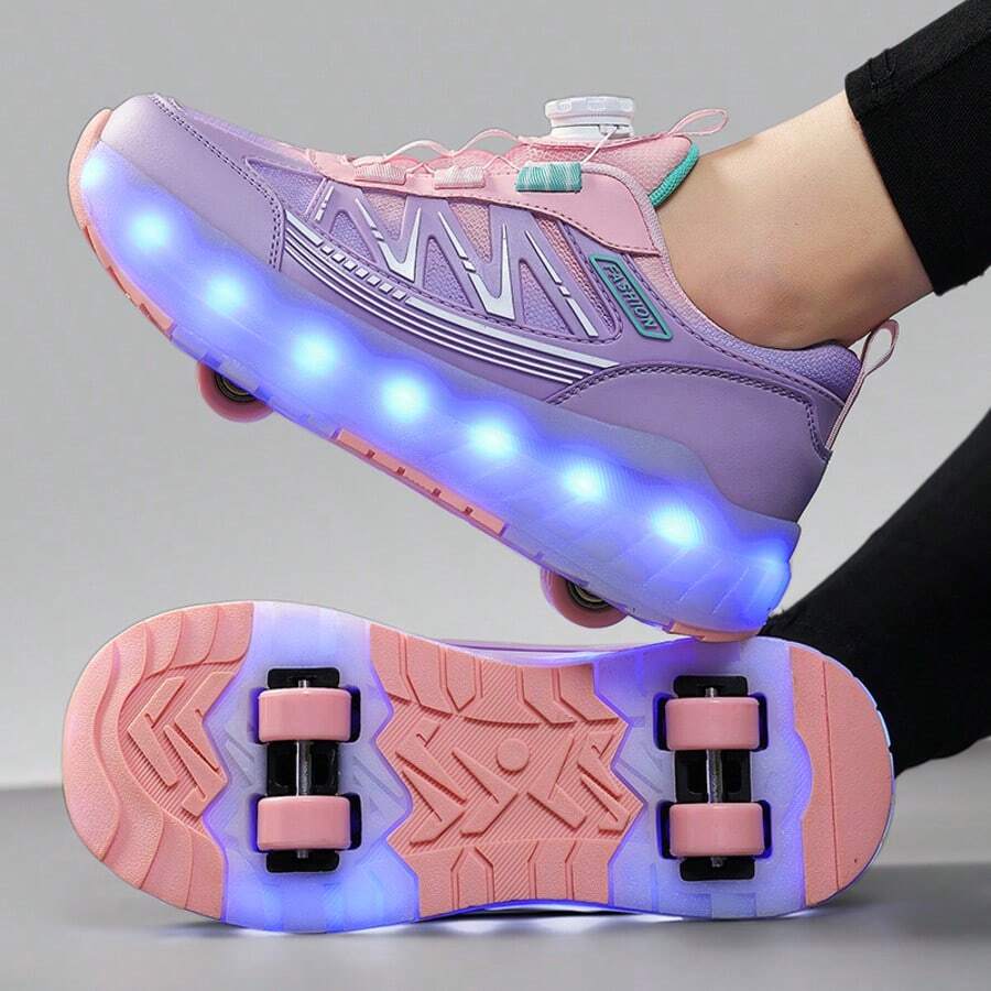 LED 多闪光 4 轮旱冰鞋，快速滑行，可拆卸轮子，时尚休闲二合一轮滑鞋，旋转扣可调节宽松版型 - 紫色 - 查看 1