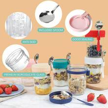 Tarro de Avena de Vidrio de 16 oz, Tarro Sellado de Gran Capacidad, Juego de 6 Contenedores de Avena Nocturna con Tapas y Cucharas, para Almacenar Leche, Cereales, Frutas - mezclado - Ver 8