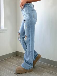 初秋中老年休闲百搭破洞宽松女牛仔裤