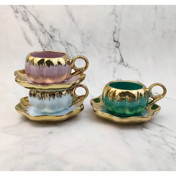 2pcs Pumpkin Shaped Ceramic Coffee/Tea Cup & Saucer Set, Various Colors Electroplated Gold, White, Gray, Brown, 120ml Cup