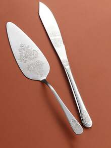2pcs Stainless Steel Patterned Cake Server & Knife Set - Wedding Birthday Cake Spatula Bread Knife Pizza Shovel Dual-End Patterned Cutlery Flatware