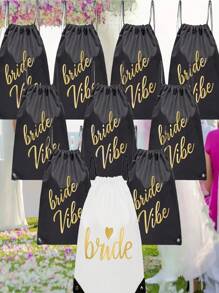 1pc Bride & Bride Tribe Printed Gift Bags,Black And White Drawstring Gift Bag For Wedding Favor, Bride Shower, Bachelorette Party Decorations