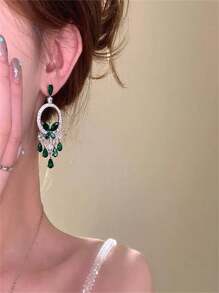 Exaggerated Green Butterfly Crystal Tasseled Earrings, Elegant Luxury Party Formal Dress Accessory