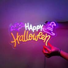 万圣节快乐 LED 霓虹灯 - 亮度可调，USB 供电，壁挂式装饰，适合派对、婚礼、酒吧等 - 抛光塑料万圣节装饰灯家居装饰派对装饰万圣节装饰房间装饰万圣节花园装饰礼物仙女 - 白色+橙色+紫色 - 查看 5