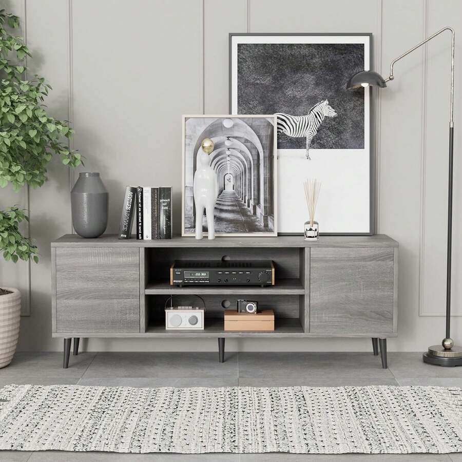 65 Inch Modern TV Stand,White&Walnut Wood Entertainment Center With Storage Drawers & Management Living Room - Gray - View 1