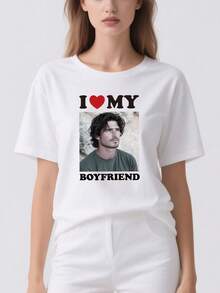 定制个性化女士 T 恤，舒适透气，周年纪念礼物，添加图片（男朋友、丈夫），设计您自己的个性化定制 T 恤。 - 白色 - 查看 2