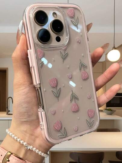 Floral Painted Big Hole Minimalist Double-Layer Dusty Pink Frame Shockproof Thickened Phone Protective Case Compatible With IPhone 16/11/16Pro/16Plus/16ProMax/16E/15ProMax/13/14/12/XS/XR, IPhone16 XR/7/8/IPhone16ProMax/12ProMax/13ProMax/14ProMax 13 11 12P14 Women P11 Soft Shell P12 Anti-Fall XS.XR Protective Cover