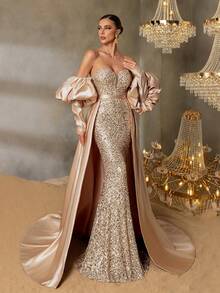 Faeriesty Abito da sera elegante con maniche a palloncino, orlo a sirena, raso con strascico, decorato con paillettes, adatto per eventi da red carpet, grandi gale, ricevimenti, banchetti e cerimonie - Champagne - Visualizzare 9