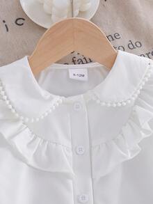 Girls Casual Solid Color Long Sleeve Collared Shirt Blouse, Elegant For Outdoor Spring/Autumn - White - View 3