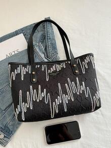 大容量西式个性字母印花托特包，格纹通勤单肩包，女士新款 - 黑色 - 查看 7