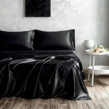 Black Satin Bed Sheet Set – Luxury Silky Sheets With Deep Pocket Fitted Sheet And Pillowcases - Black - View 9