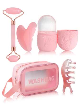 1 pièce/2 pièces/3 pièces/5 pièces/8 pièces Ensemble de rouleaux faciaux glacés pour les soins de la peau, outils de massage facial, moule à glace en silicone pour rouleau facial, peigne de massage, sac de rangement en PVC transparent, bandeau de lavage du visage, rouleau de massage et planche de massage Gua Sha pour le visage et les yeux