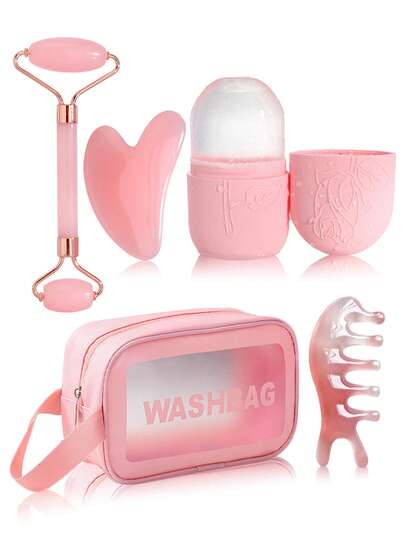 1/2/3/5/8件套面部冰凉按摩滚轮套装，面部按摩工具，硅胶冰块滚轮，按摩梳，透明PVC收纳袋，头带，滚轮按摩器和刮痧板，适用于面部、眼部，美容，护肤，SPA，自我护理，护肤工具，面部护理，美容师用品，按摩，面部按摩工具，面部滚轮