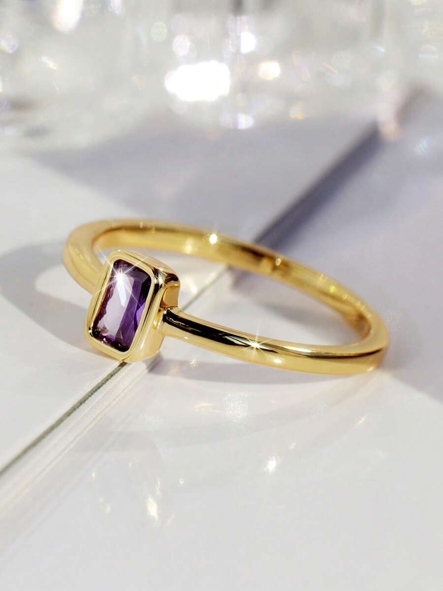 Charm-In 1 件金色嵌入式闪亮紫色锆石女士戒指，情人节/生日礼物