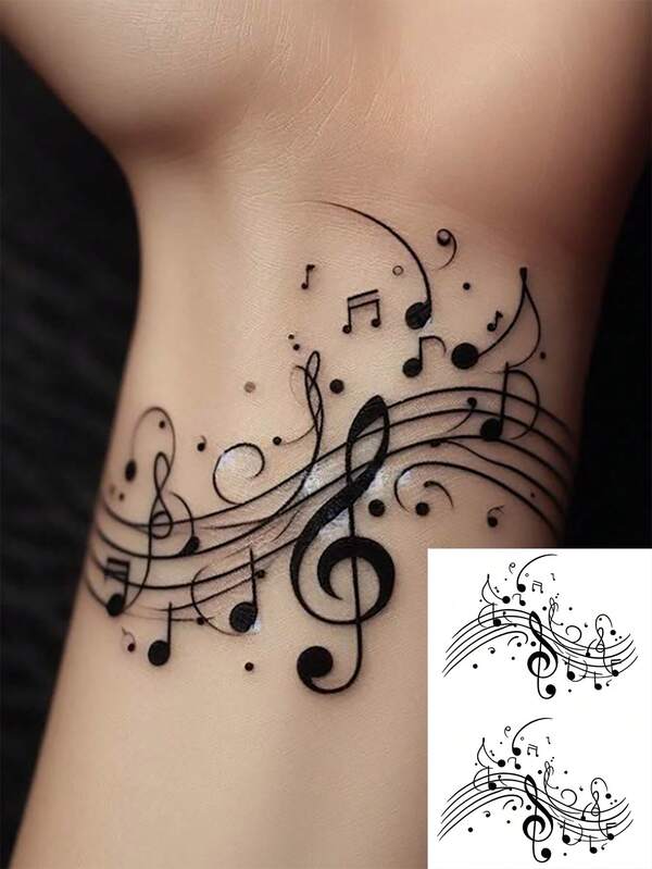 1 Blatt schwarze Musiknoten Symbole temporäre Tattoo Aufkleber, sexy schwarzer Tattoo Aufkleber, schweißfest wasserdicht Y2K minimalistisches Design temporäres Tattoo für Finger, Hand, Handfläche und Arm, geeignet für Frauen