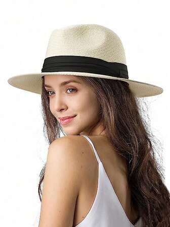 1 stuk effen gekleurde western-stijl stro panamahoed voor dames, zwart decor, retrostijl, lichtgewicht, ademende bescherming tegen de zon, geschikt voor strand, reizen, trouwseizoen, muziekfestival, Valentijnsdagcadeau