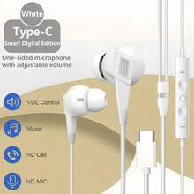 Black/White 2-Color New Type-C Wired Headphones, Side Microphone With Adjustable Volume, Built-In Microphone, Smart Fully Compatible Version Of In-Ear Wired Headphones, High-Definition Calls, Music Playback, Suitable For Student Gift Headphones, Running Sports Gift Headphones, Compatible With IPhone/Xiao Mi/Honor/Oppo/Vivo/Sam Sung/HUA WEI And Other Android Smart Phones And MP3/MP4/IPod/Computer, Etc.