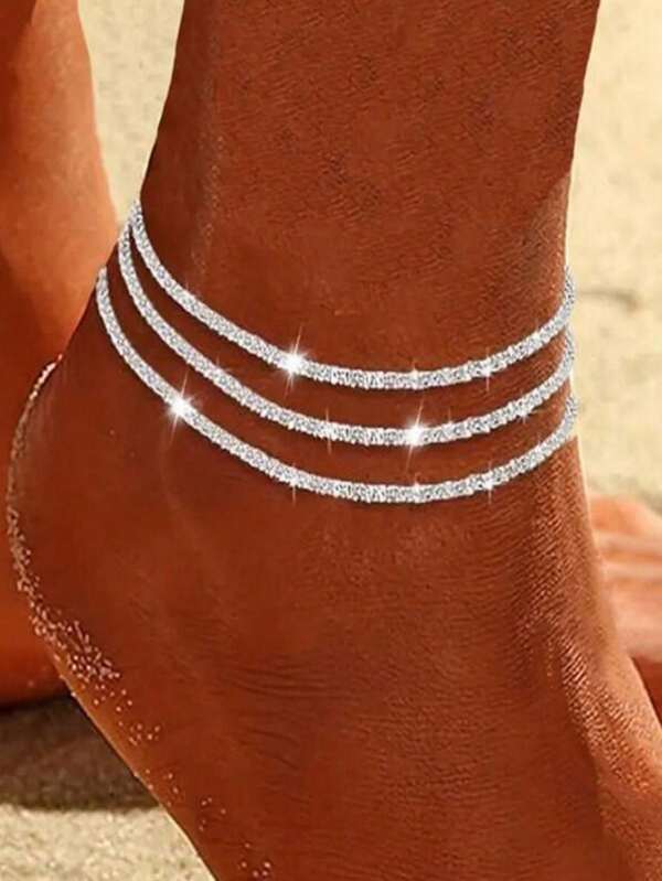 Conjunto de 3 peças de pulseiras de tornozelo de prata com corrente torcida de aço brilhante para mulheres, acessórios de formatura, joias para férias de verão, viagens, festa na praia