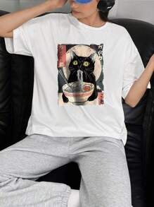 Summer Women Cartoon Black Cat, Noodles, Geometric Pattern Letter Pattern T-Shirt