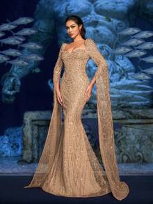 Faeriesty 奢华水晶串珠晚礼服，超长开衩袖设计——完美适用于水下盛会、Met Gala晚宴、艺术画廊开幕式、派对、婚礼等场合，尽显优雅气质。 - 香檳色 - 查看 6