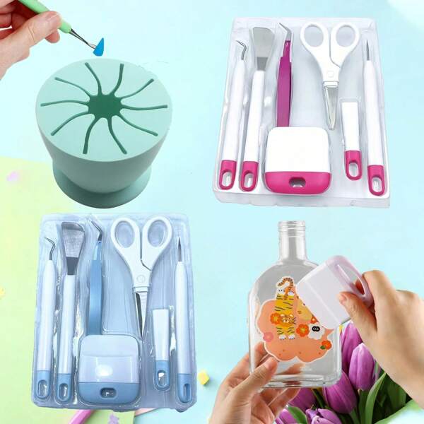 5/6pcs Vinyl Craft Precision Weeding Tool Set, Vinyl Matching Waste Collector, DIY Silicone Desktop Waste Collector, Craft Tweezers, Cutting & Engraving Machine Trimming Tools For Silhouette/Siser/Oracal 631 651 751
