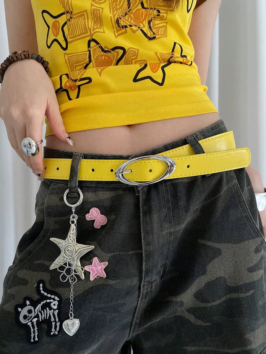1pc Yellow PU Material Women's Oval Buckle New Solid Color Waist Belt Fall, Autumn, Halloween