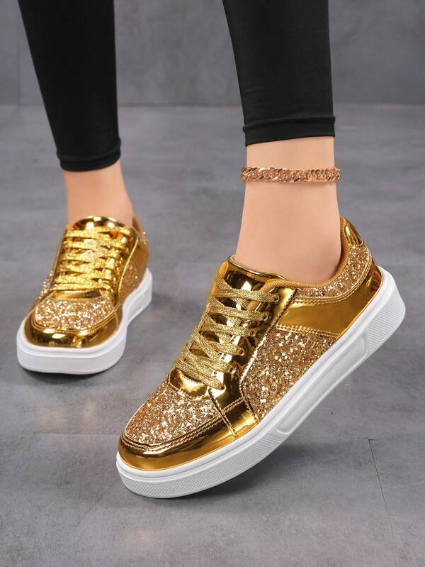 Women's Fashion Casual Glitter Gold Sneakers, Flat Sport Shoes, Students/Traveler Lightweight Running Shoes, Low-Top Dress Shoes For All Seasons