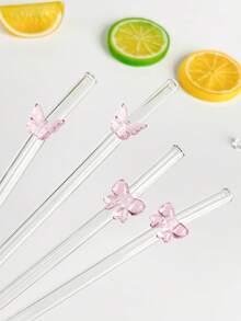 1/2/4Pcs Reusable Glass Straws With Pink Butterfly/Bow Shapes, Shatter Resistant And Heat-Resistant Glass Drinking Straws With Cleaning Brushes, For Cold Drinks, Milk Tea, Coffee, Juice, Smoothies, Kitchens, Restaurants, Cocktail Parties, Back-To-School, Girlfriends/Boyfriends, Parents, Friends, Holiday Supplies,New Year, Valentine's Day. - Pink - View 8