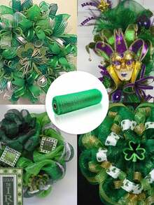 1 pieza Guirnalda de red de flores con hilo dorado y cinta colorida, corona para fiesta festiva, decoración de árbol de Navidad, decoración de boda