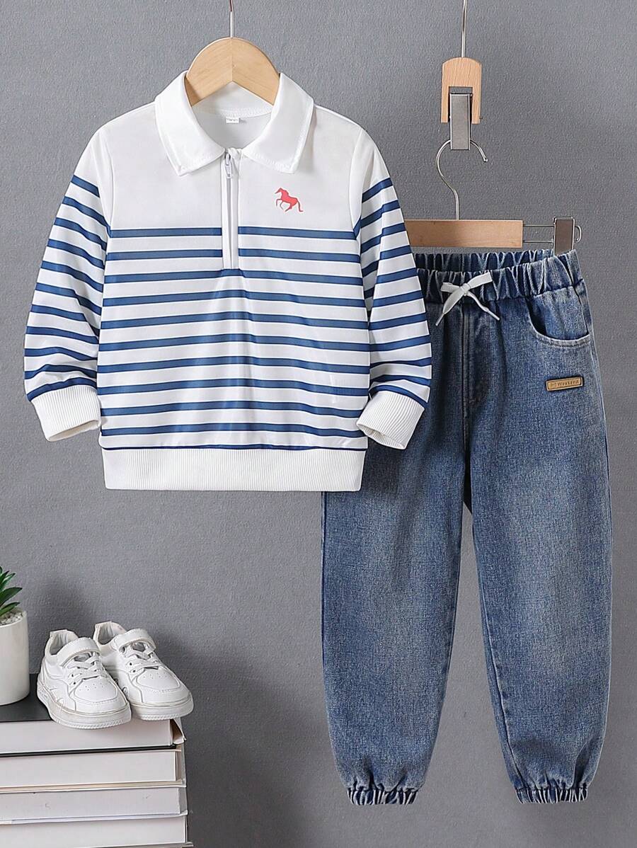 2 Piece Set Young Boy Casual Striped Print Zip Polo Shirt And Denim Pant Suit, Suitable For Sports, Daily Wear, School, Outdoor Activities In Spring And Autumn