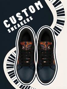 [Rock Music Festival Theme] Women's Custom Name Low-Top Sneakers, PU Upper Panel Shoes, Skull And Guitar Flame Print, Lightweight Unisex All-Season Casual Wear