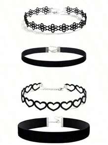 1set Fishbone Tattoo Style Choker Necklace, Black & White Versatile Clavicle Chain