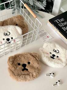 1 件可爱卡通毛绒软熊零钱包耳机包刺绣卡包收纳袋