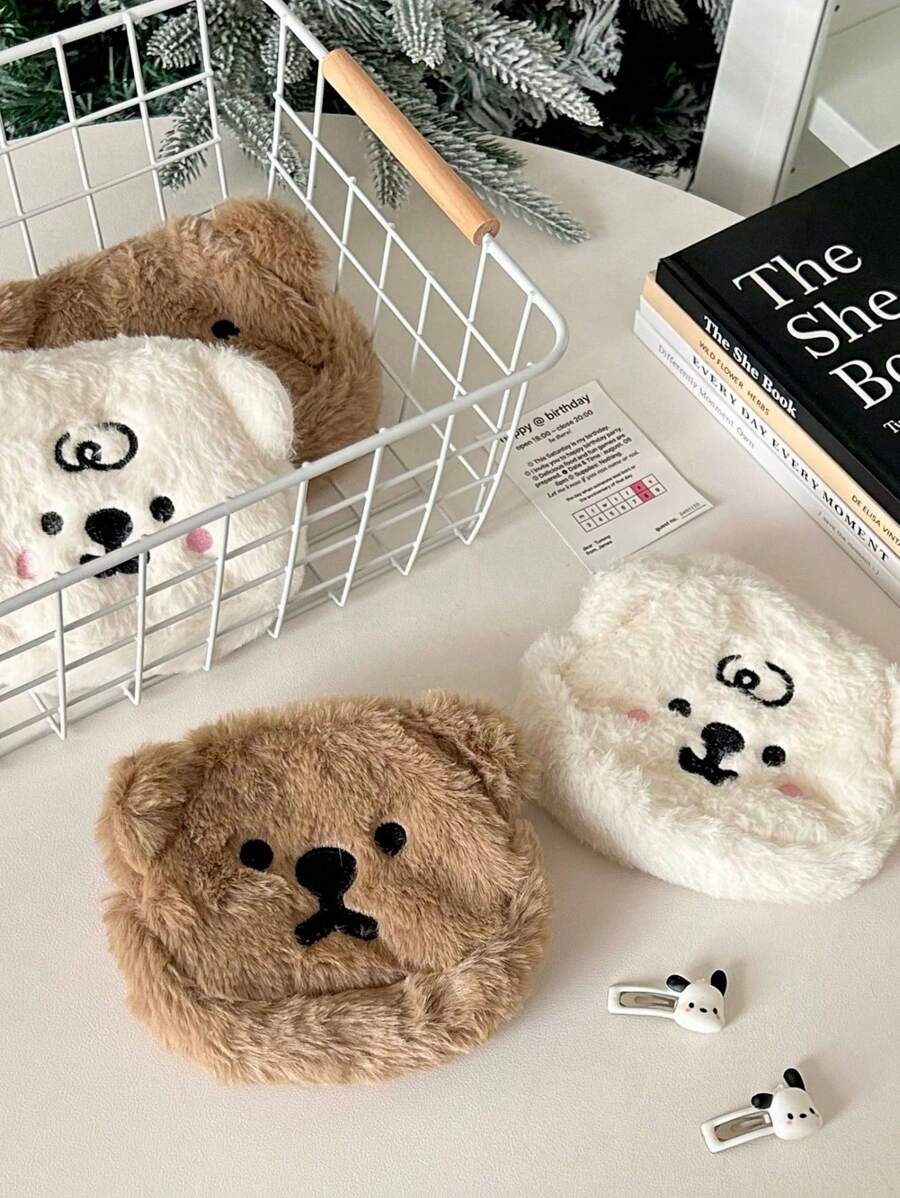 1 件可爱卡通毛绒软熊零钱包耳机包刺绣卡包收纳袋