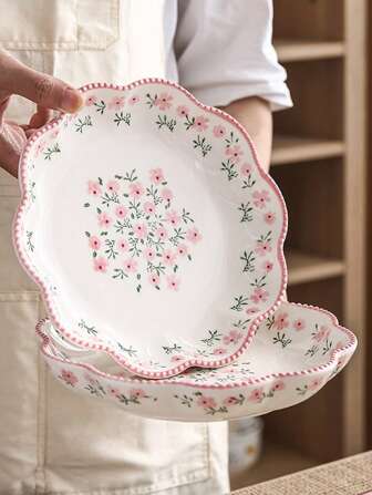 1 件迷人的乡村风格陶瓷盘，波尔卡圆点花边餐盘，可爱的花卉意大利面碗，小吃盘，沙拉盘，适合派对，居家娱乐，可用作奖品，生日礼物