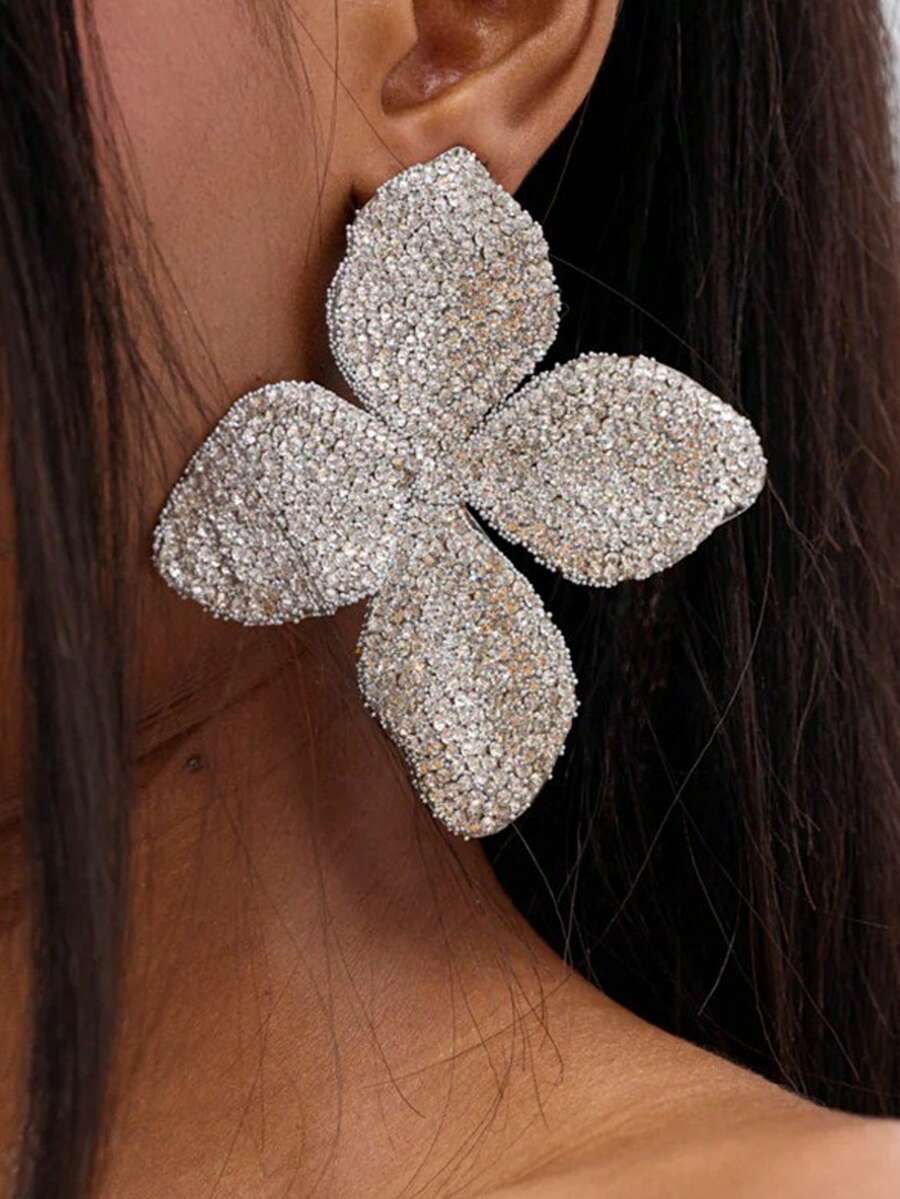 قرطان بتصميم زهرة مبالغ في استخدام الراين ستون، أقراط حلقية ماسية فريدة، إكسسوارات شخصية للنساء قطعتان