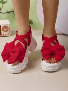 1 Pair Girls' Fashion High Heel Sandals, Criss-Cross Bow Design, Cute & Sweet Thick Sole Comfortable, Suitable For Girls Outdoor Casual, Travel, Beach - Red - View 3