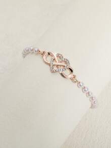 1 pieza Pulsera elegante y de alta gama con corazón y símbolo del infinito de metal con strass y perlas falsas, adecuada para uso diario de mujeres, gran regalo para el Día de Acción de Gracias, San Valentín, amigos