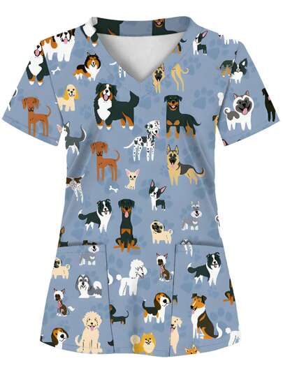 Blue Background With Puppy Print Women's Scrub Top, Comfortable T-Shirt With 2 Pockets, Suitable For Healthcare Professionals - Soft, Breathable, Practical Uniform For Hospitals, Dental Clinics, Beauty Salons And Institutions, Nursing Workwear