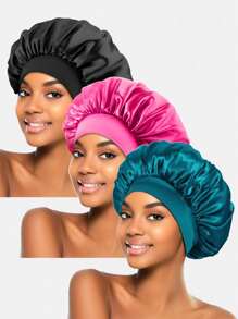 3pcs Women's Stretchy Satin Wide-Brim Sleep Hat, Suitable For Everyday Use
