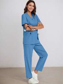Conjunto de uniforme de uniforme de manga curta e calça de cor sólida - Azul - Ver 7