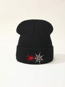 Unisex Spider Web Embroidered Knit Beanie Hat, Suitable For Holiday And Daily Wear
