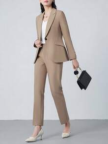 Women's Casual Business Commute Mandarin Collar Single-Breasted Slim Fit Long Sleeve Blazer And Straight Pants Set, Autumn/Winter