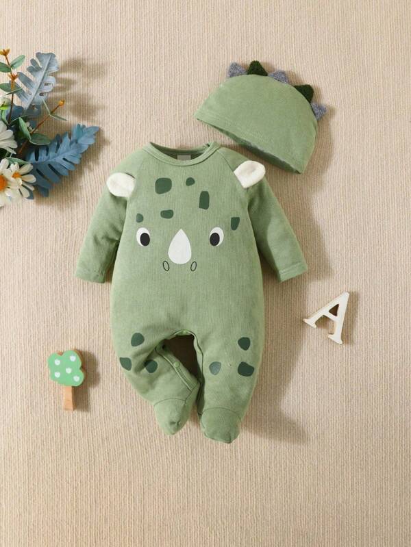 Baby Jungen 3D Ohren süßer Ausdruck bedruckter Langarm-Jumpsuit