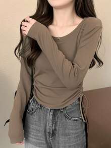 Spring Korean Style Fitted Round Neck Drawstring Design Long Sleeve T-Shirt Top For Women