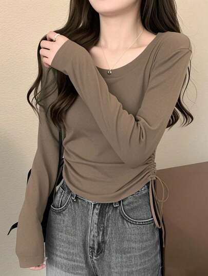 春季韩版修身圆领抽绳设计长袖T恤女上衣