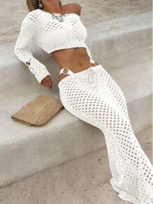 时尚新款春夏女装套装，优雅女装连衣裙，演唱会服装，户外套装，长款沙滩裙套装，透视长袖镂空两件套/套装，教师装，通勤装，极简风格，职业装，复古风格，极简风格，法式风格，秋季服装，性感服装 - 白色 - 查看 1