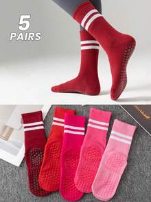 1/5/10双/包 女款随机春秋款双条马卡龙色脚底硅胶带抓地力适合室内瑜伽普拉提拉力健身舞蹈搭配瑜伽裤运动服中筒袜