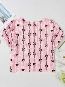 Acelitt 全新夏季浅粉色蝴蝶结印花泡泡袖休闲宽松衬衫